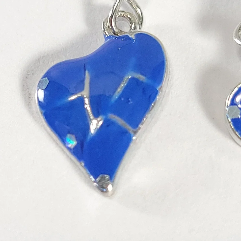 Blue Heart Enamel Drop Earrings Blue Mosaic Glitter Fishhook Dangle Jewelry